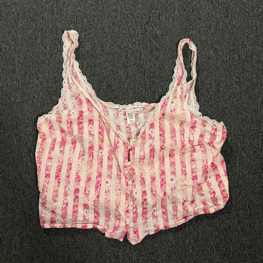 Vintage Y2k Victoria's Secret Striped Pink Floral Button Front Lace Tank M